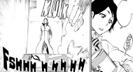 Mizuiro attacks Aizen with a small gas canister.