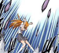 Orihime tries to shield herself from Bulb Scatter.