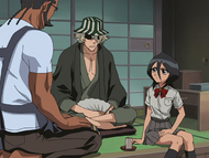 Urahara and Tessai discuss Quincy with Rukia.