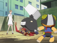 A bag of trash knocks down Don Kanonji.