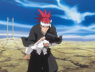 Renji runs away with Rukia in his arms.