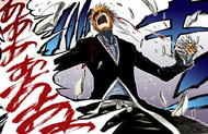 Ichigo rips the mask off his face.