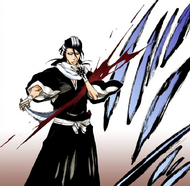 Byakuya slashes through his arm to prevent it from moving.