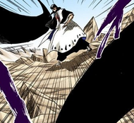 Byakuya is attacked with two black Getsuga Tenshō.