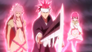 Renji, Saru, and Hebi exert their Reiatsu.