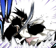 Unohana and Kenpachi clashing blades.