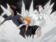 Ichigo, Sado, and Uryū emerge in the desert.