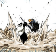 Byakuya and Ichigo clash fiercely.