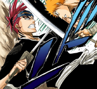 Ichigo pushes Renji back up against the wall.