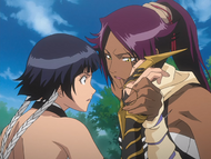 Yoruichi grabbing Suì-Fēng's wrist.