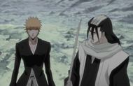 Ichigo approaches Byakuya to stop him from killing Rukia.