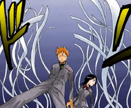 Rukia watches Ichigo use Reiraku.