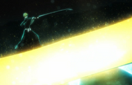 Ichigo fires a Getsuga Tenshō to intercept Quilge's Heilig Pfeil.