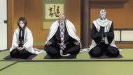 Yamamoto alongside Unohana and Ginrei during Urahara's proficiency test.