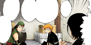 Ganju, Ichigo, and Hanatarō hide in a storage room.