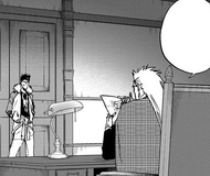 Bruno delivers an application requesting the end of Balgo's status as a Punitive Dragon to Wolfgang Slashhaut.