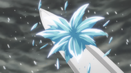 A flower of ice appears of Harribel's blade after Hitsugaya uses Hyōten Hyakkasō on her.