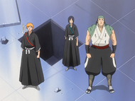 Hanatarō, Ichigo, and Ganju emerge from the sewers.