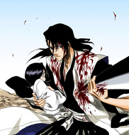 Byakuya protects Rukia from Gin's Shikai, Shinsō.