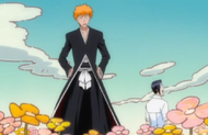 Ichigo stands behind Uryū and pretends to be the manifested spirit of Ginrei Kōjaku.