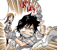 Tatsuki shoos a Soul that had been trying to get her attention, to Orihime's confusion.