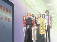 Kūkaku brings Orihime and her friends to an underground door.