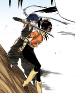 Suì-Fēng appears behind Yoruichi with her Zanpakutō held out.