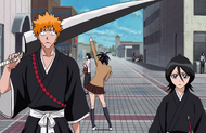 Senna celebrates her victory over the Blanks behind Ichigo and Rukia.