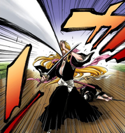 Rangiku intercepts Gin's Shikai, Shinsō, when he attempts to kill Hinamori with it.