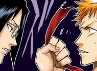 Uryū grabs Ichigo's red ribbon.