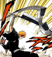 Ichigo pushes Zabimaru away.