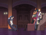 Koga has Dalk restrain Uryū while Kariya speaks to him.