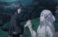 Rukia grabs Sode no Shirayuki's hand.