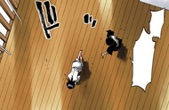 Rukia collapses under the weight of Byakuya's Reiatsu.