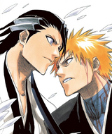 Ichigo holds his sword to Byakuya's throat.