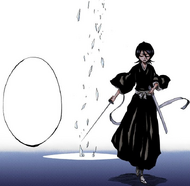 Rukia walks away from the crumbling ice pillar as Di Roy is killed.