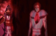 Muramasa's black-red Reiatsu begins to expand outward as Senbonzakura watches.