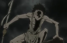 Kenpachi jeune garçon, assit sur une pile de corps.