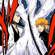 Ichigo attacks Byakuya, who blocks with Senbonzakura Kageyoshi.