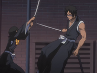 Hisagi evades several attacks from Rukia.