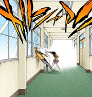 Tatsuki punches Ichigo's head through a window.