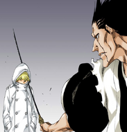 Gremmy stops Kenpachi Zaraki's blade.