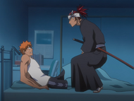 Renji wakes up Ichigo to help him with an order.