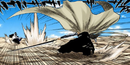 Ichigo leaps back from Byakuya.