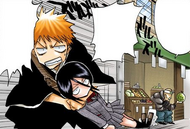 Ichigo drags Rukia away from a vendor trying to scam her.