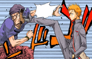 Ichigo Kurosaki kicks Toshi-Bro in the face.