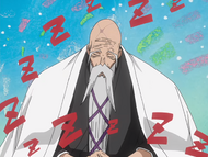 Yamamoto falls asleep after summoning Shunsui for a meeting.