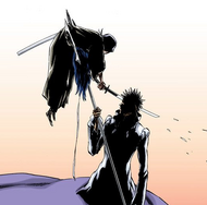 Rukia impales Aaroniero's head with San no mai, Shirafune.