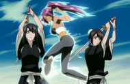 Yoruichi uses Shunko to defeat the two clones of Momo.