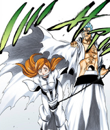 Grimmjow brings a bound and gagged Orihime to the site of Ichigo's battle against Ulquiorra.